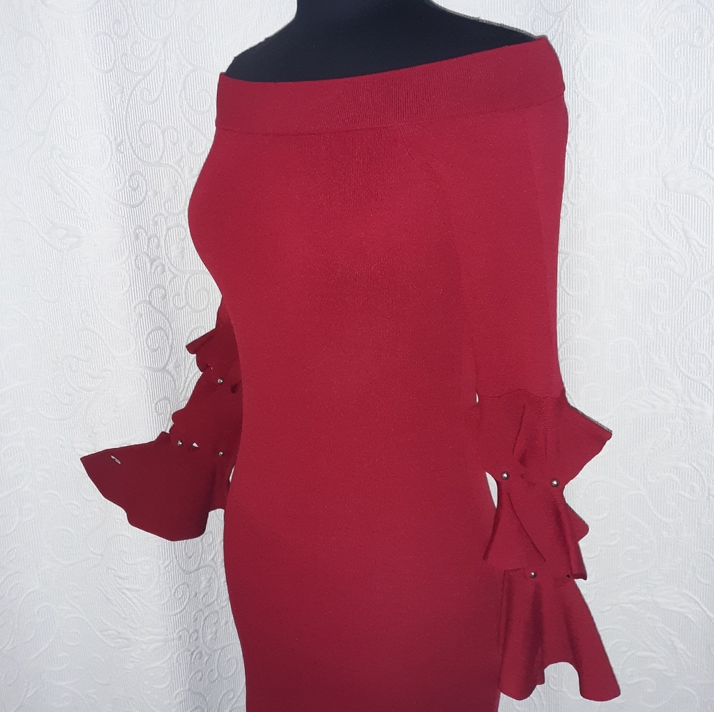 Johnathan Simkhai Ruby Red Knit Stud Ruffle Dress… - image 6